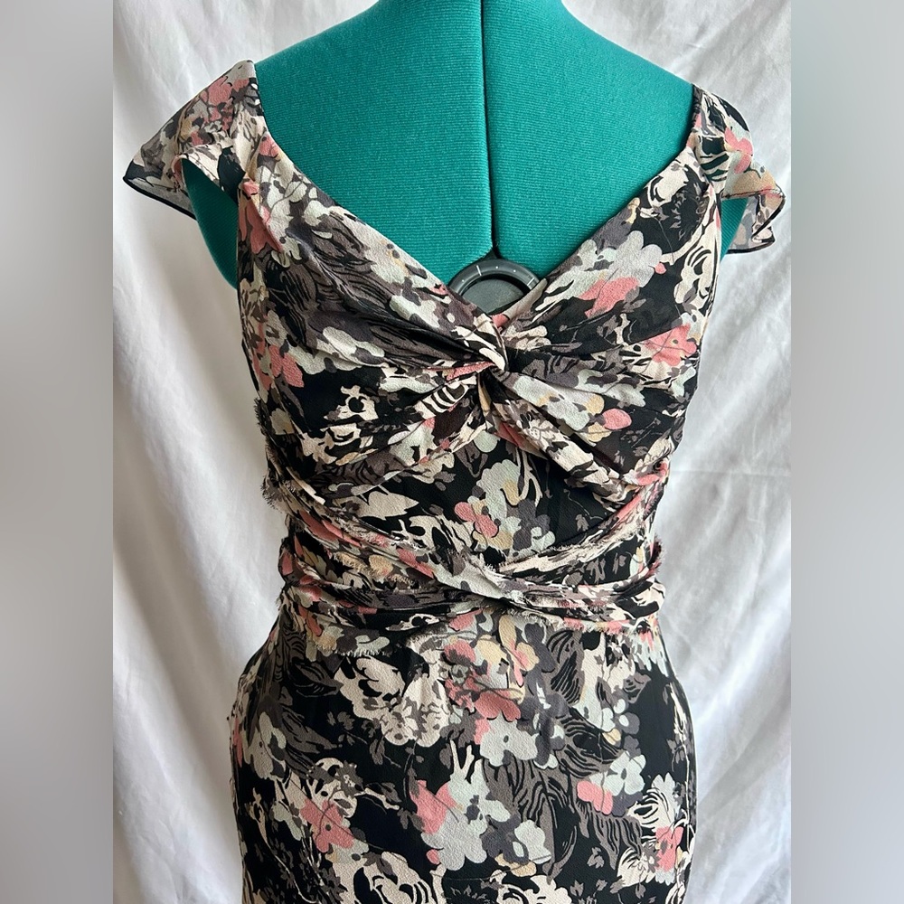 Jones New York Black Floral Midi Dress with Pink and Cream Accents